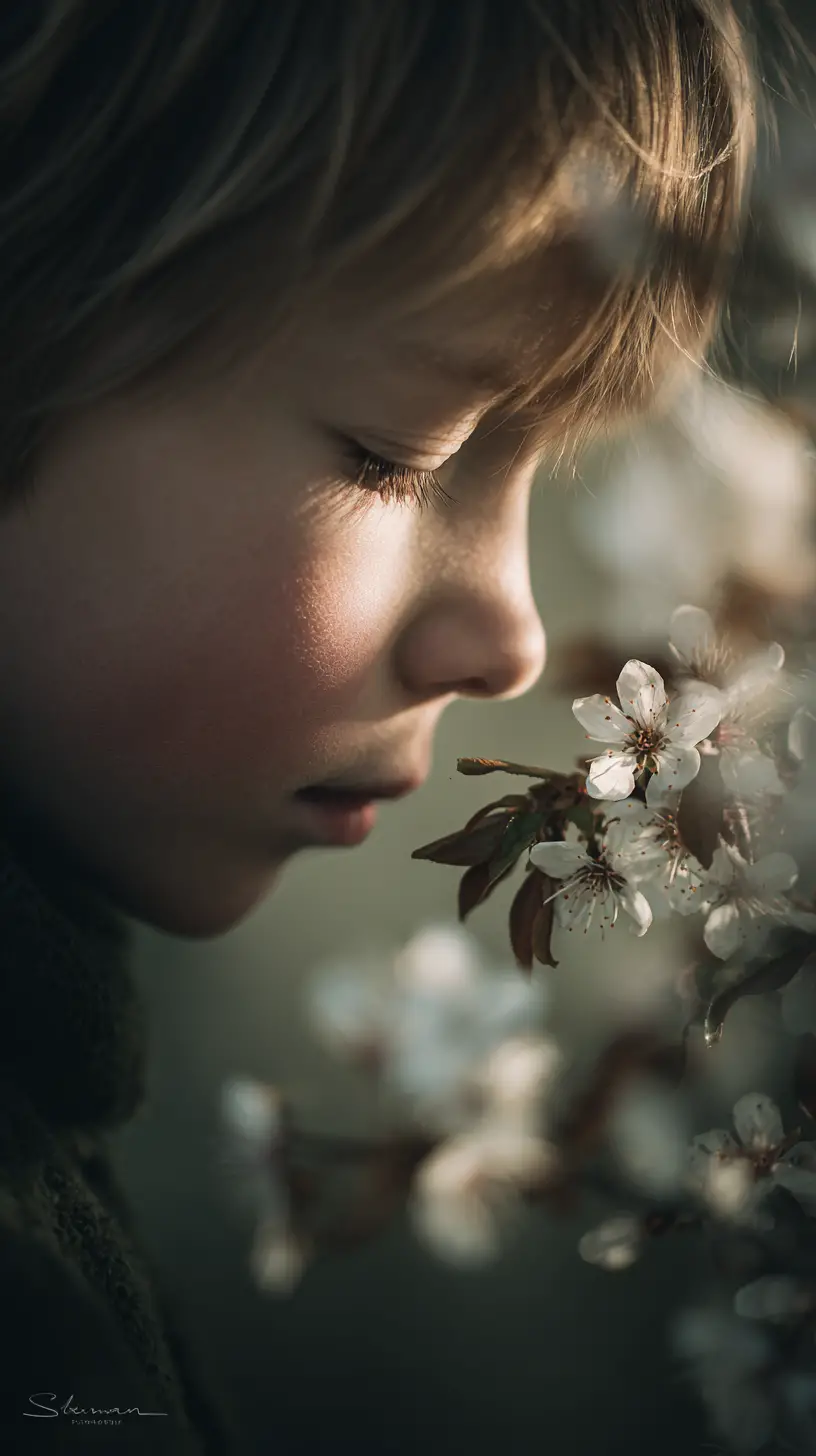 Ethereal boy reaching toward blossoms in soft light