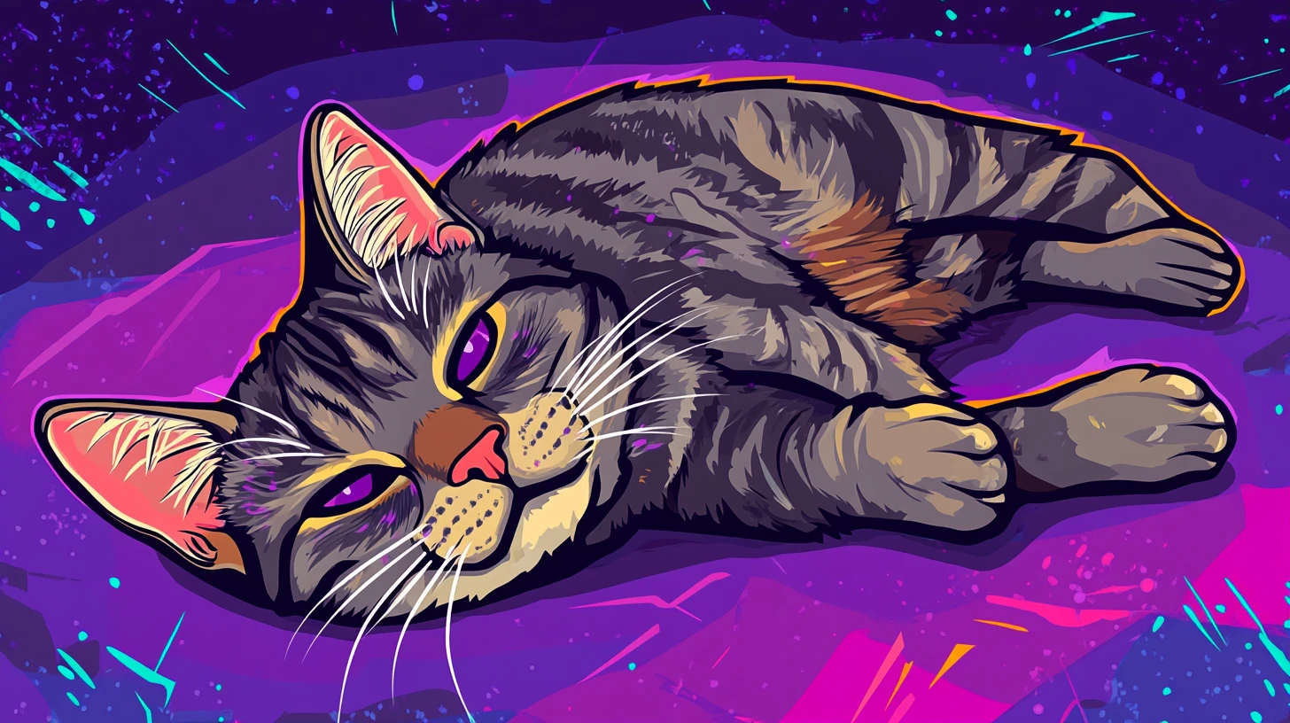 Mürrische Cartoon-Tabbykatze liegt flach in einer Neon-Galaxie