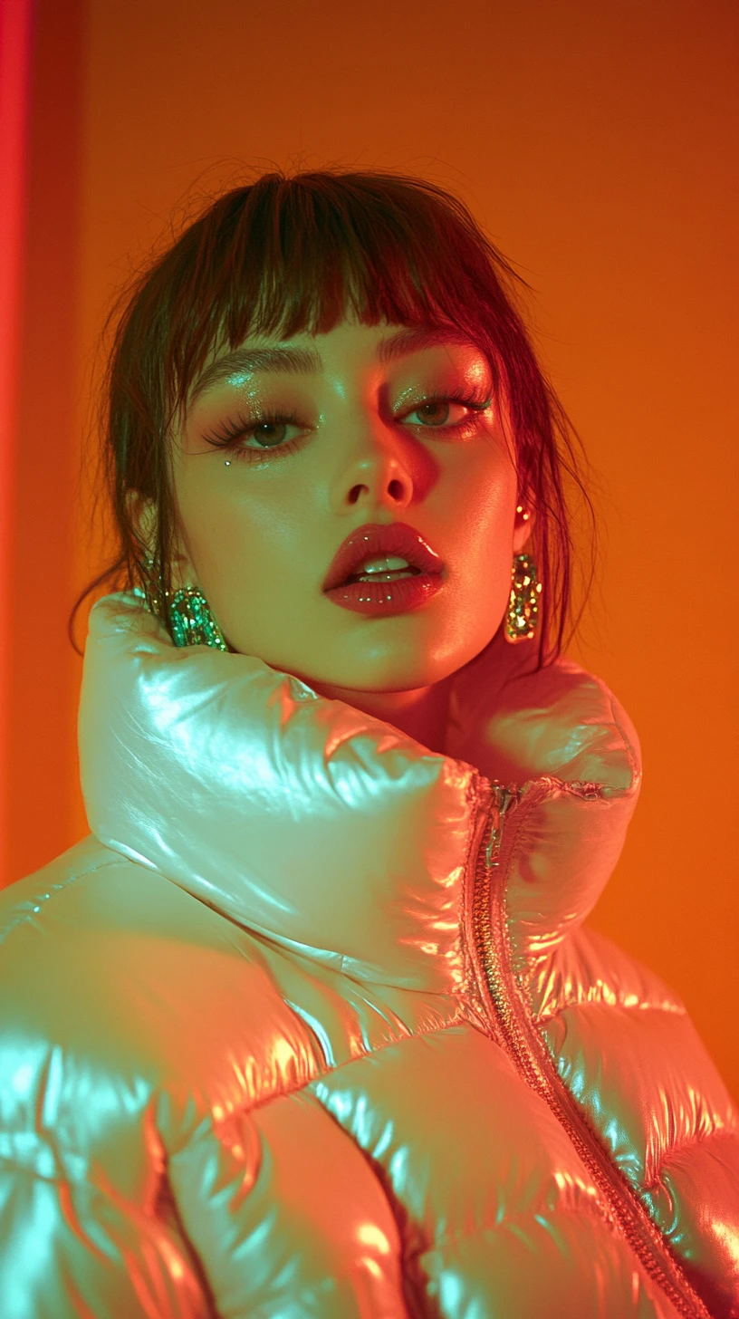 Portrait de mode futuriste en doudoune blanche lumineuse