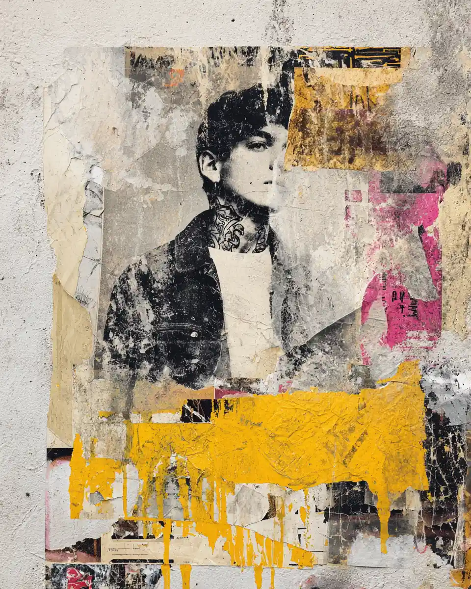 Ritratto streetwear vintage in stile poster collage grintoso