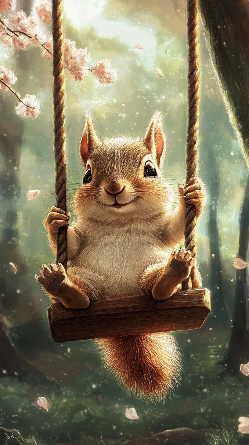 Cute squirrel on a swing in a dreamy forest illustration