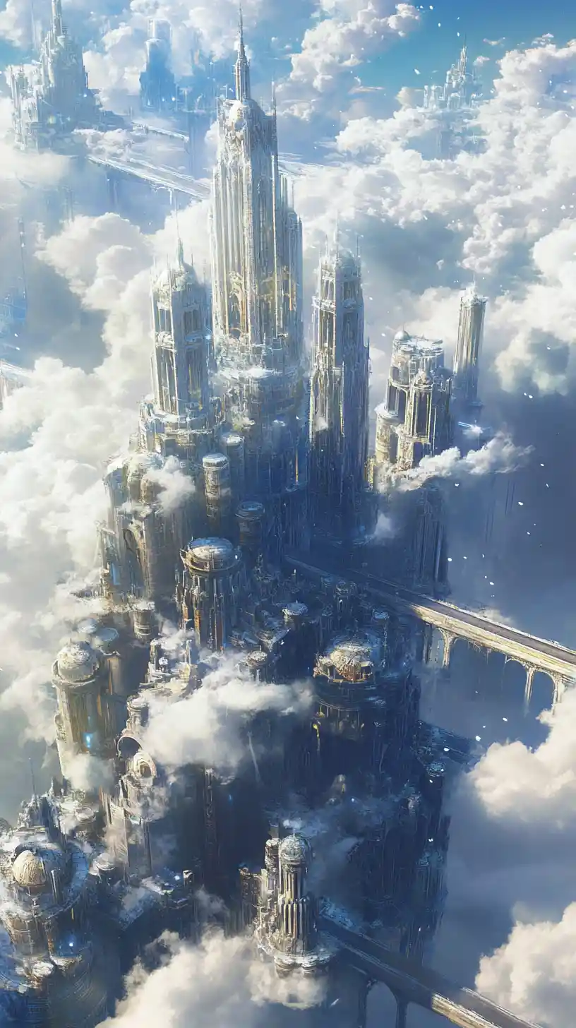 Steampunk-Himmelmetropole aus Glas über den Wolken