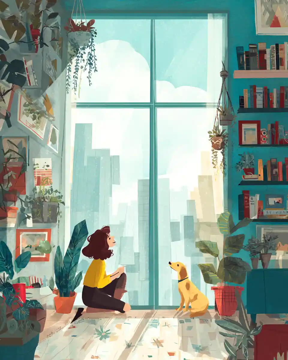Playful urban apartment with girl and dog in soft light