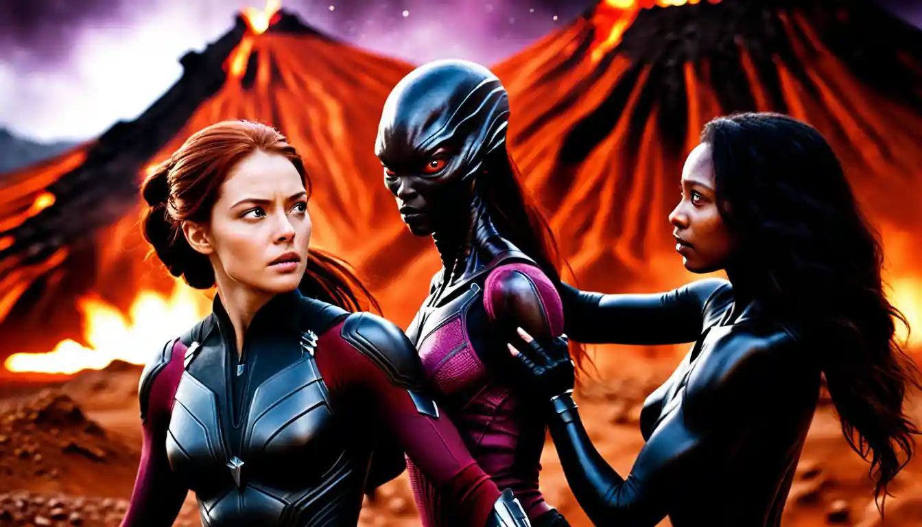 Deux femmes héroïques dans un cratère alien sous un ciel violet