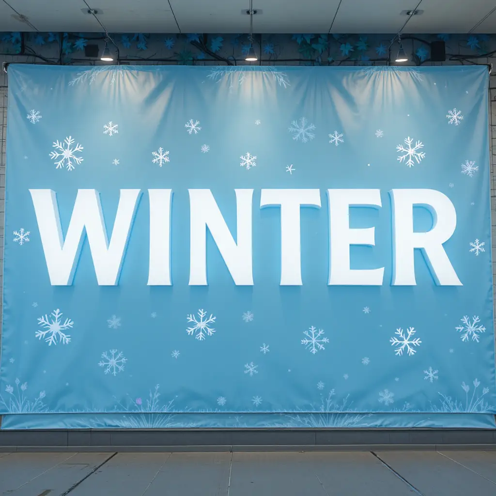 Light blue winter banner with white letters and snowflakes