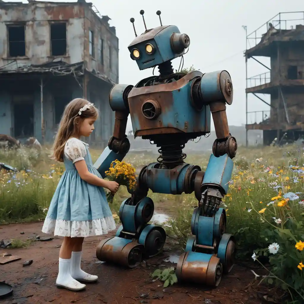 Giant vintage robot bowing to girl in ruined wasteland