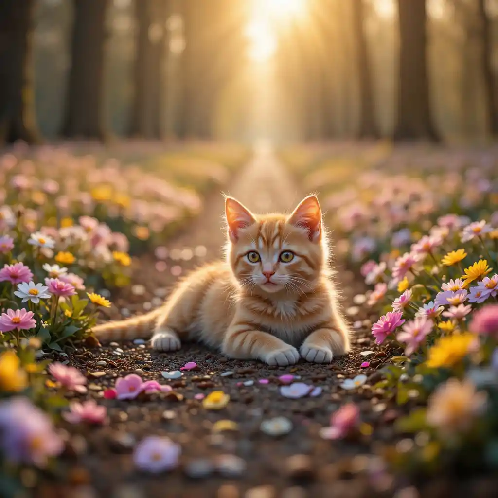 Pequeño gatito naranja descansando en un sendero primaveral cubierto de flores