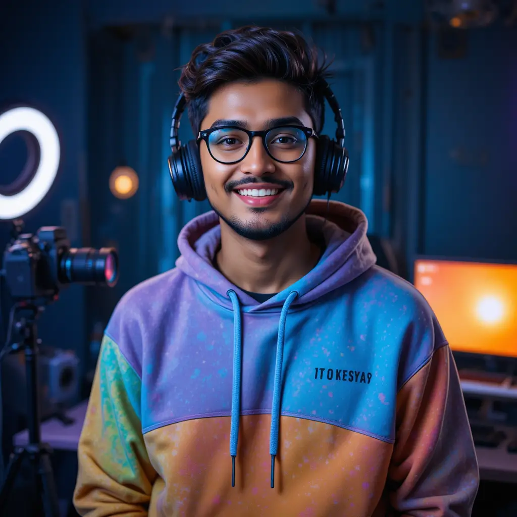 Cheerful Indian male creator in colorful streaming studio
