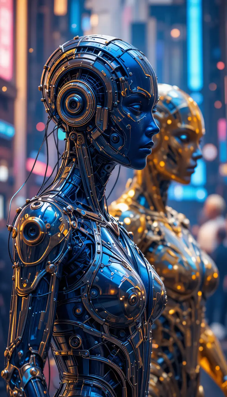 Cyber humanoids celebrating new year in neon city festival