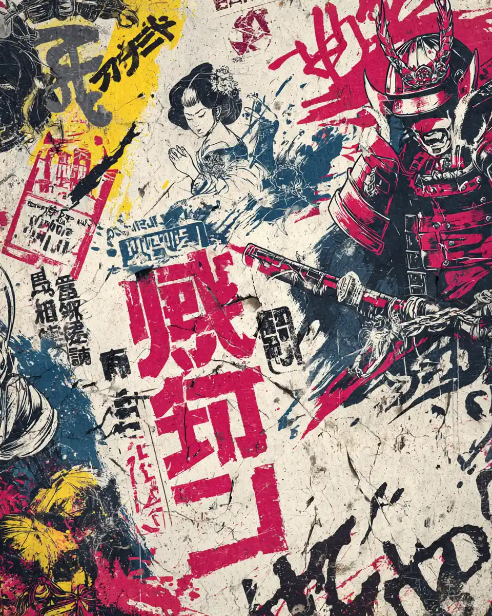 Samouraï et geisha punk rétro dans une ville de graffitis néon