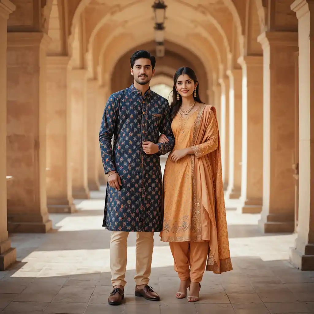 Indisches Paar in festlichen Kurtas in einem historischen Korridor