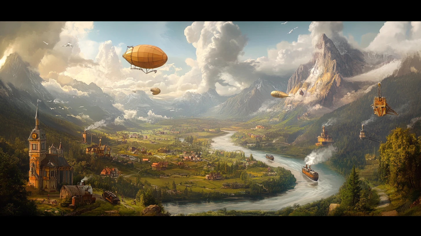 Steampunk Valley With Dirigibles Over River And Village