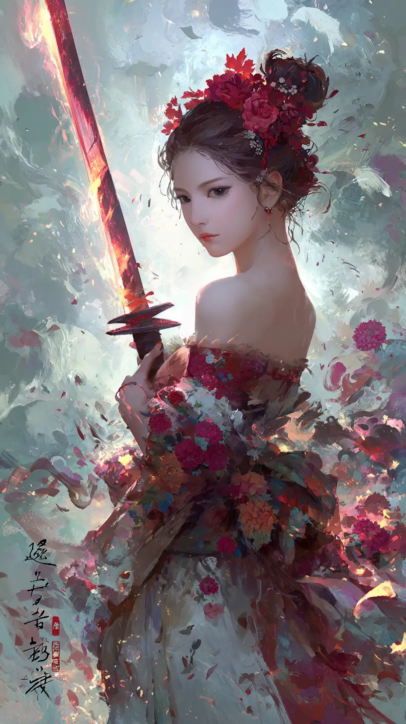 Elegant warrior woman with flaming katana and red flowers