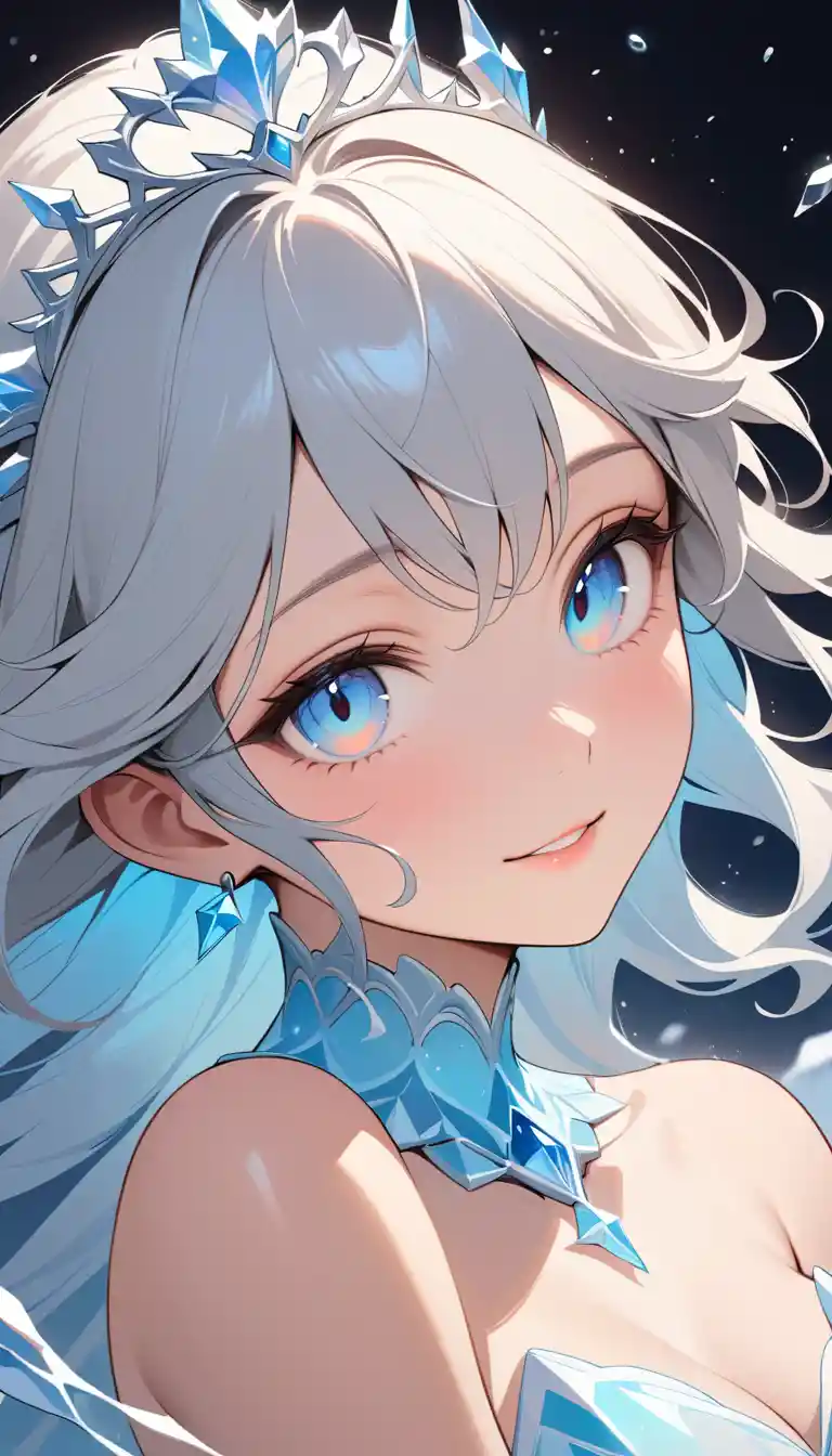Ice princess close up with glowing blue aurora eyes