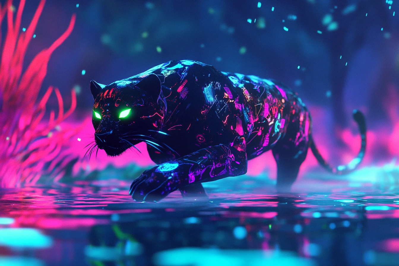 Black panther gliding through neon underwater cityscape