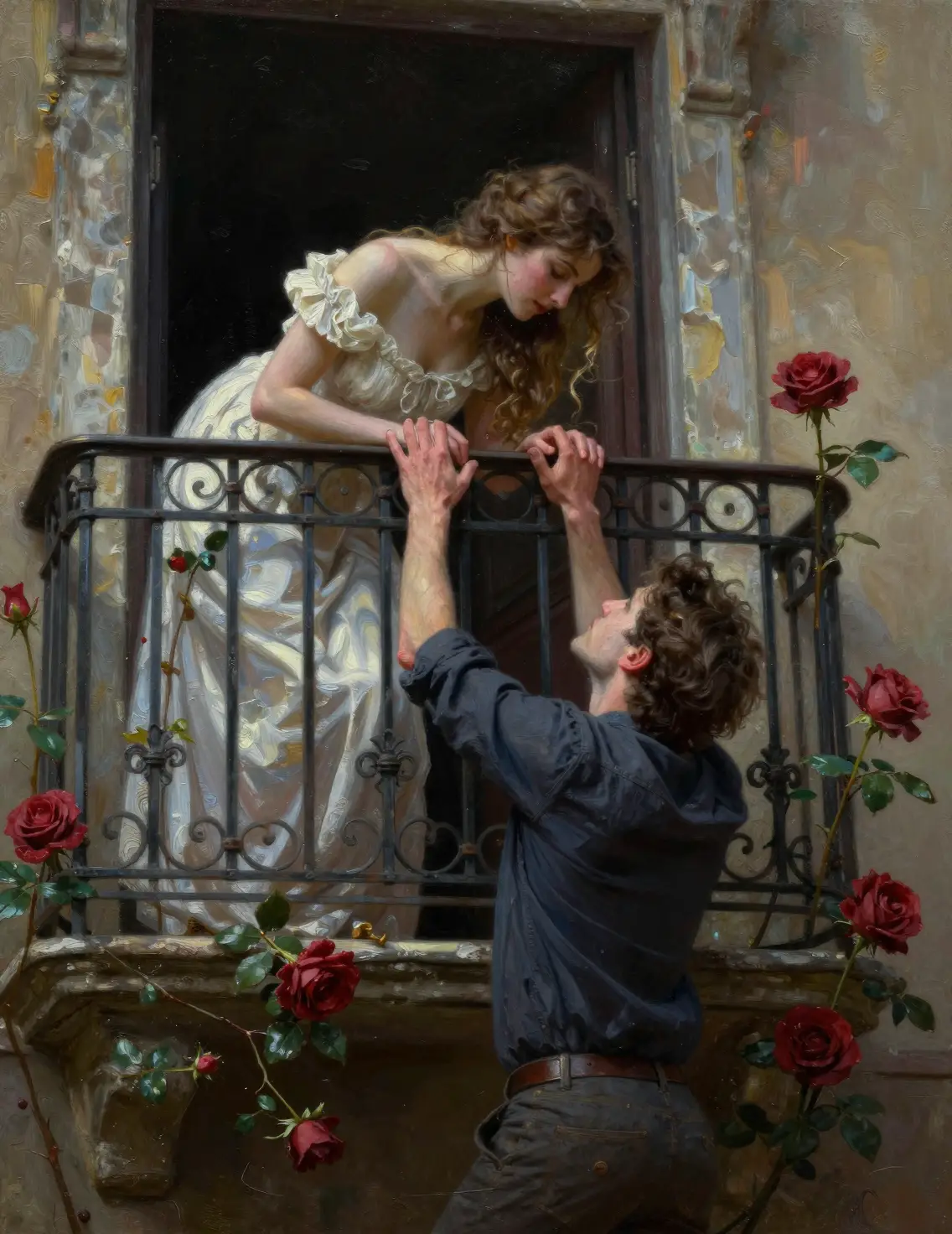 Romantic couple reaching for a kiss on ornate balcony