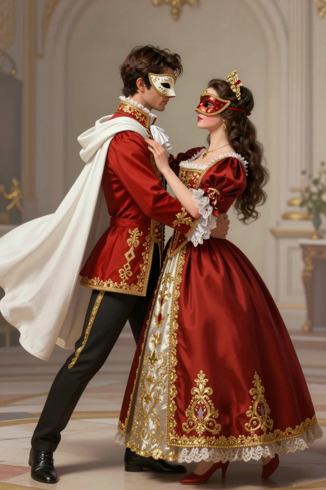 Elegant masked couple dancing in aristocratic costumes