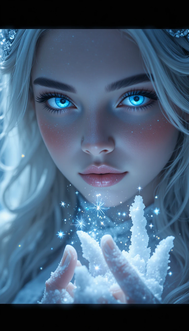 Ice princess portrait with glowing blue eyes and frosty breath