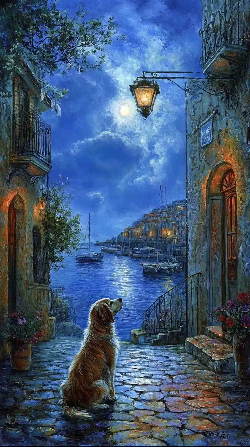 Fantasy glass collie artwork on a quiet Palma street at night