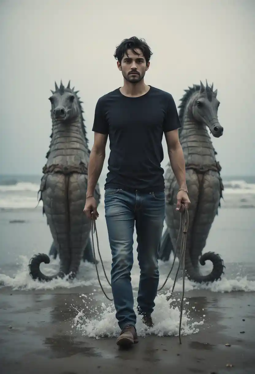 Man walking giant seahorses on a misty shoreline