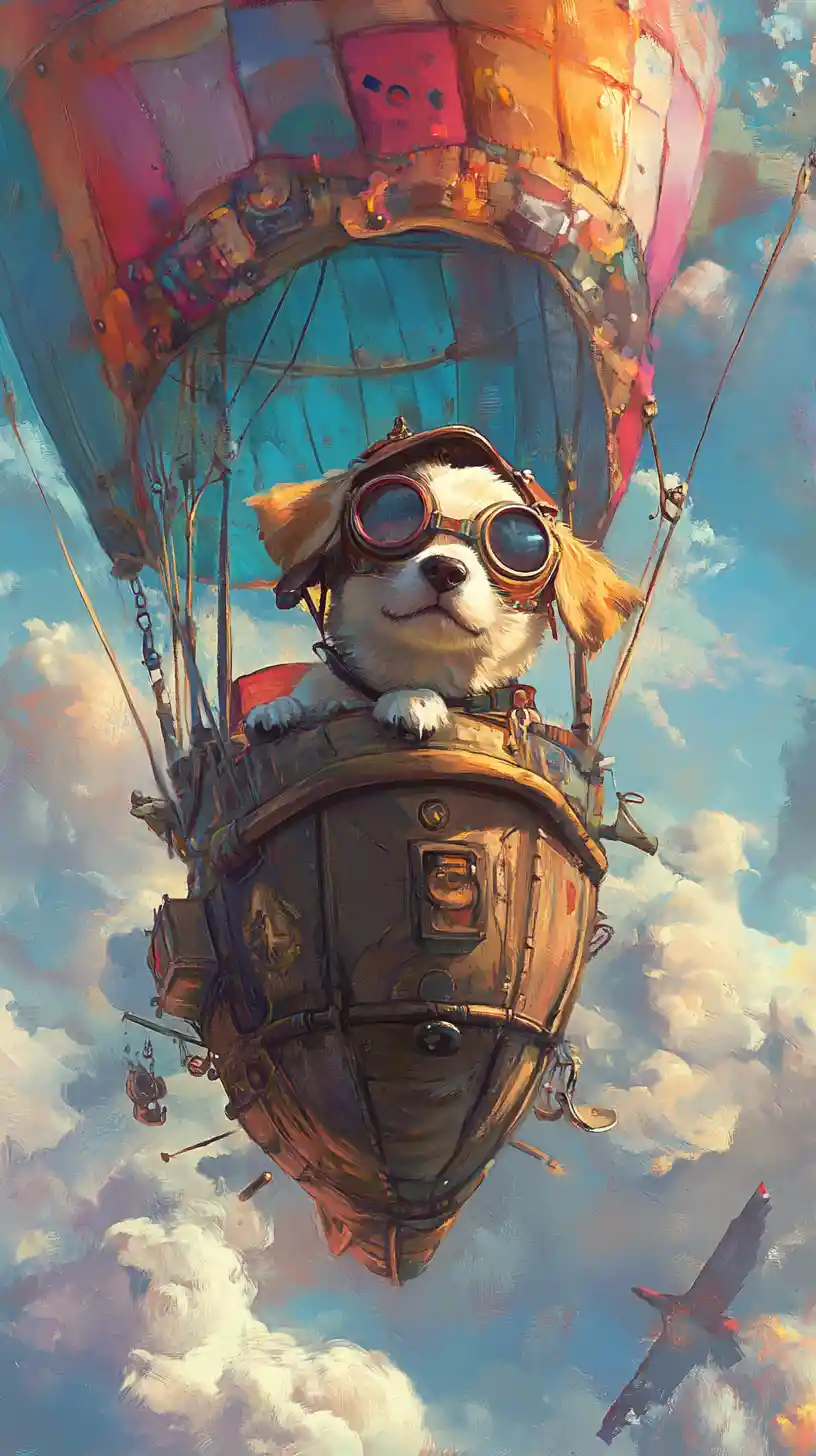 Chiot pilote curieux dans un aéronef artisanal plein de fantaisie