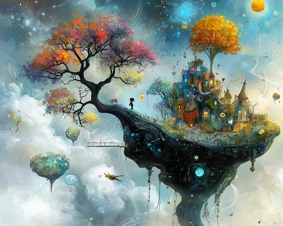 Tiny chibi hero in a dreamy fantasy illustration
