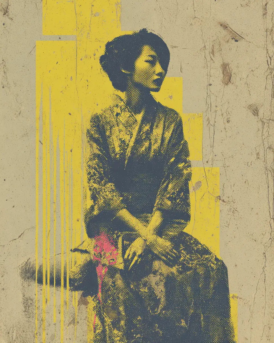 Gritty vintage portrait of a geisha in streetwear style