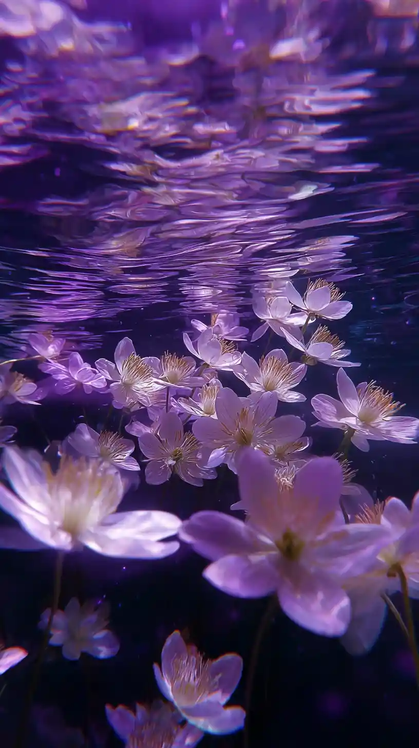 Fiori bianchi che fluttuano in un sognante bagliore viola subacqueo