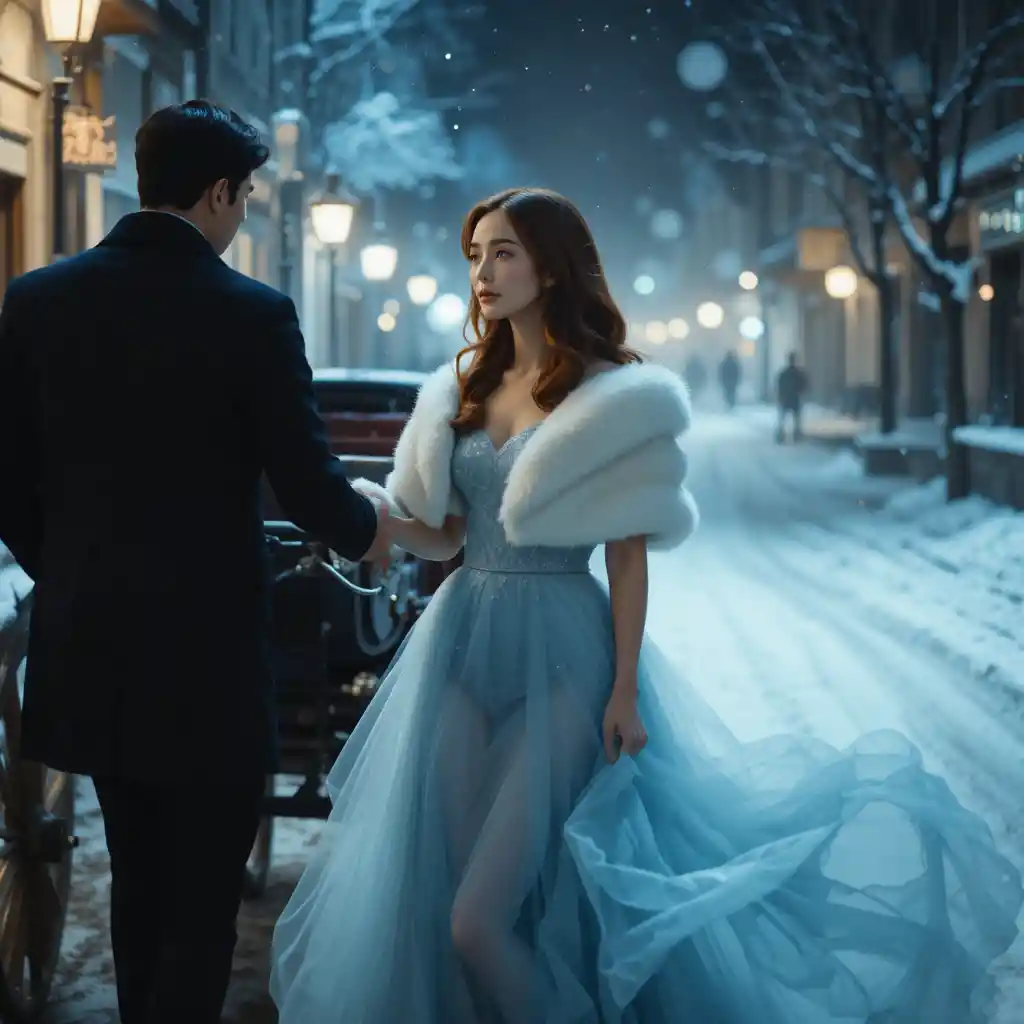 Elegante koreanische Frau steigt in eine Kutsche in einer verschneiten Nacht