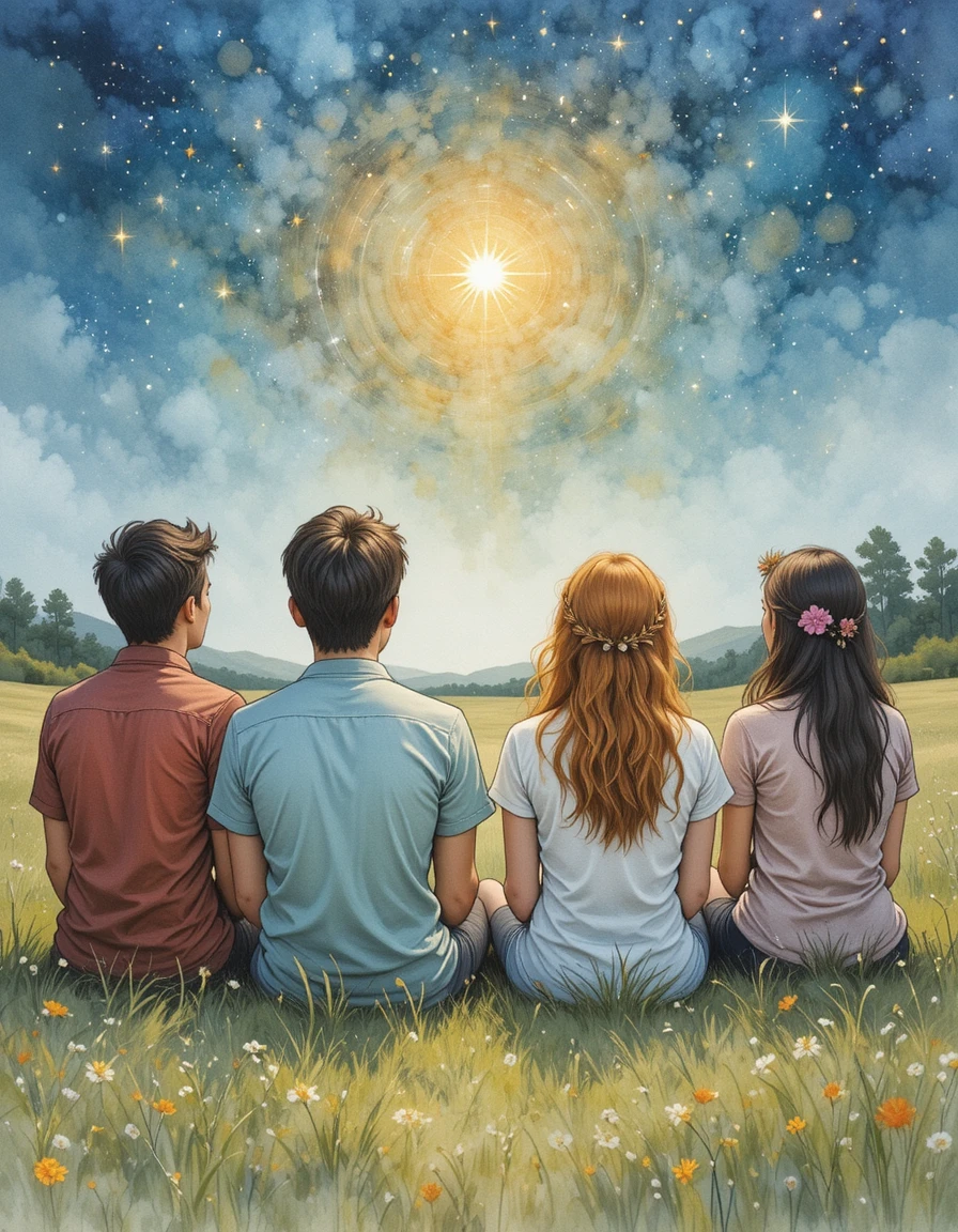 Quatro amigos sentados em um prado observando as estrelas da noite