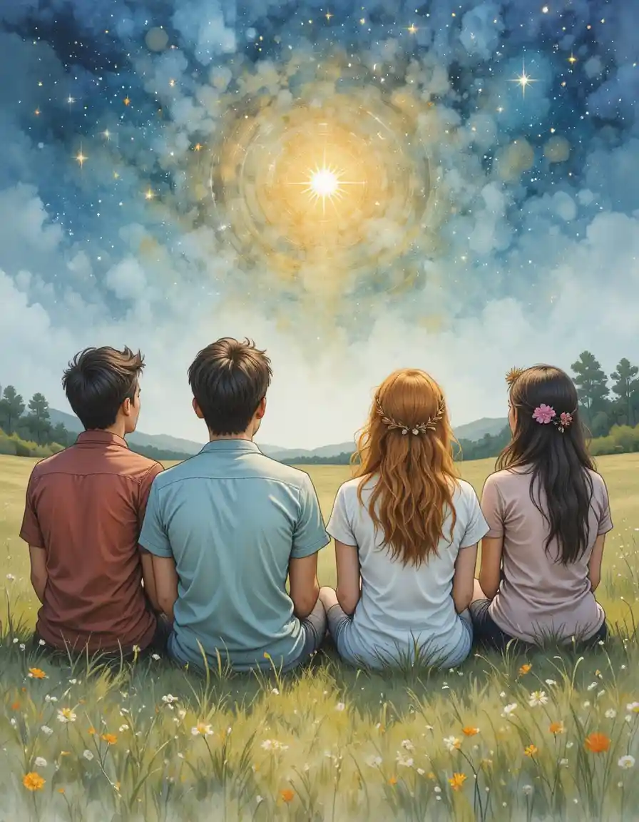Cuatro amigos sentados en un prado mirando las estrellas nocturnas