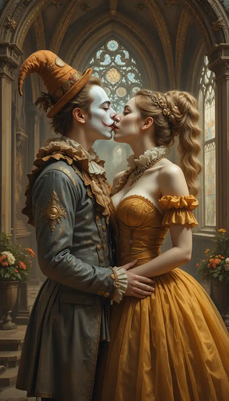 Romantic kissing clowns in a warm toned castle painting