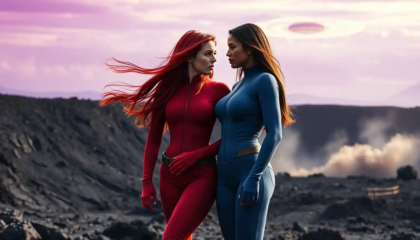 Dos mujeres heroicas en un cráter alienígena bajo un cielo violeta
