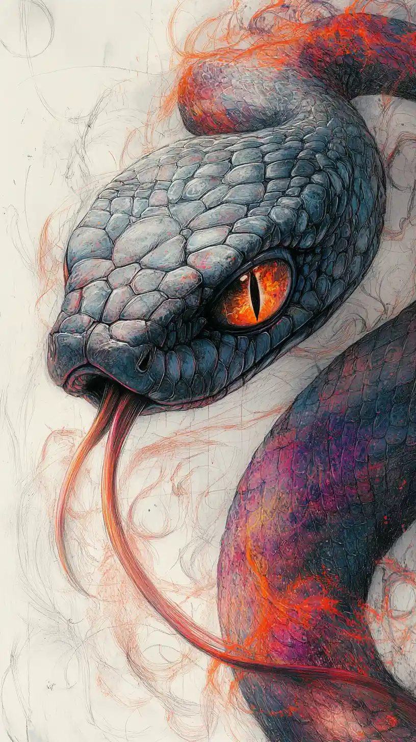 Surreal charcoal portrait of a serpent with enigmatic gaze