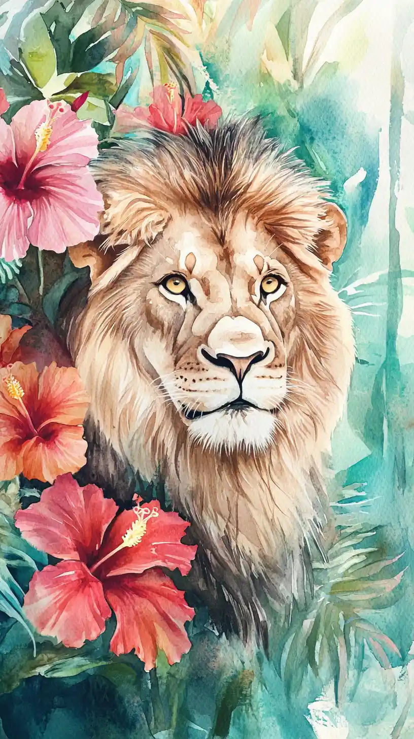 Retrato de león en acuarela con flores tropicales de hibisco