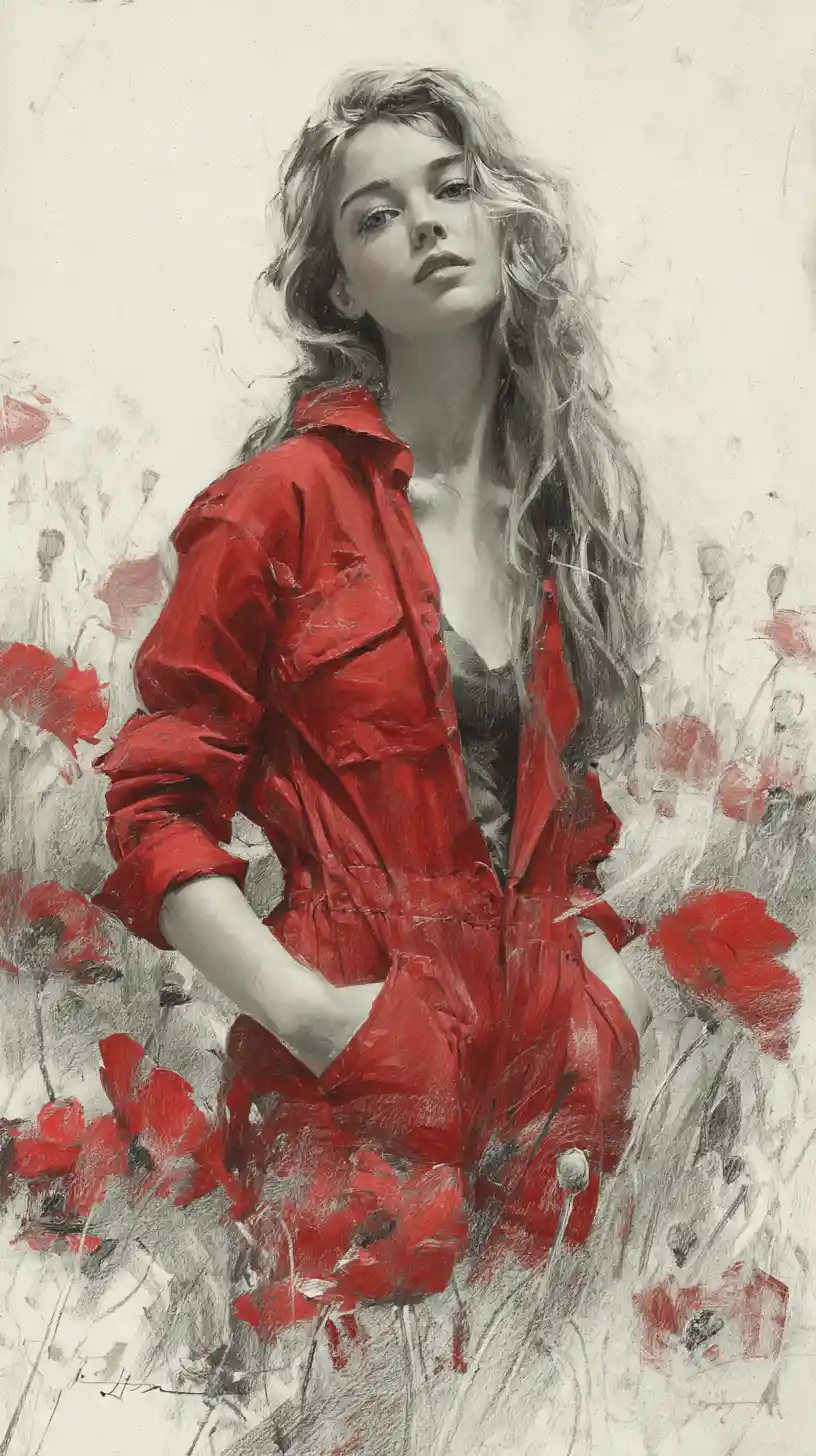 Young woman in red jumpsuit among charcoal poppies