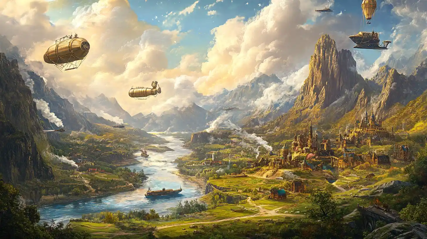 Steampunk-Luftschiffe über einer Flusstal-Fantasiestadt