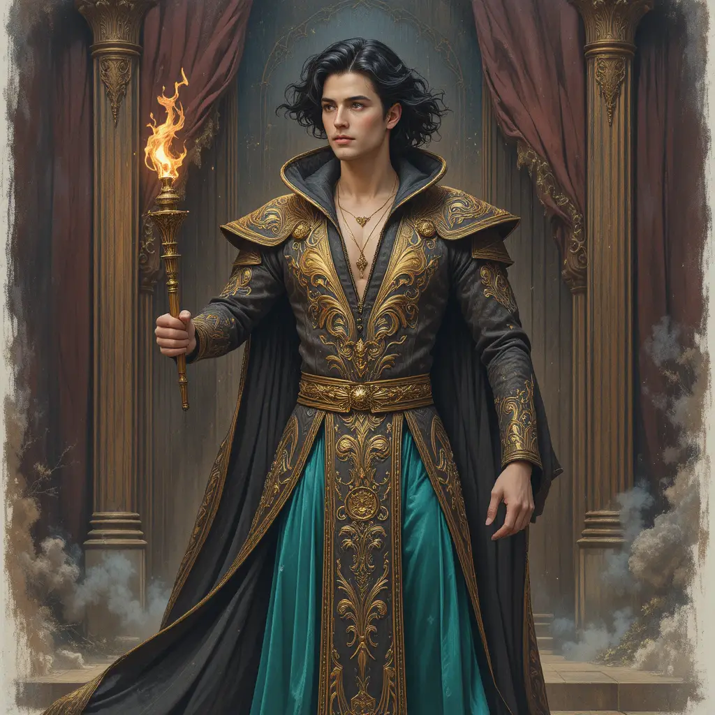 Mystical man in embroidered tunic holding a torch