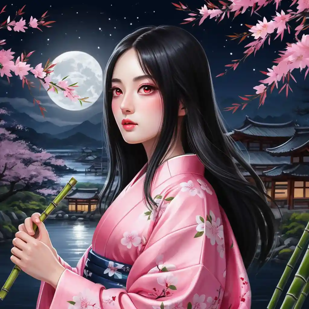 Anime girl in pink kimono under moonlit cherry blossoms