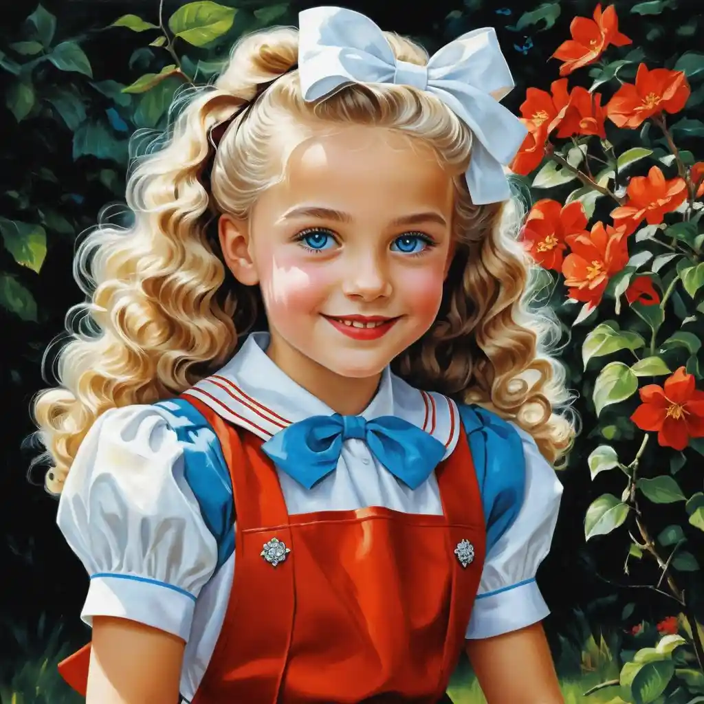 Smiling blonde schoolgirl in vintage uniform with white hair bows