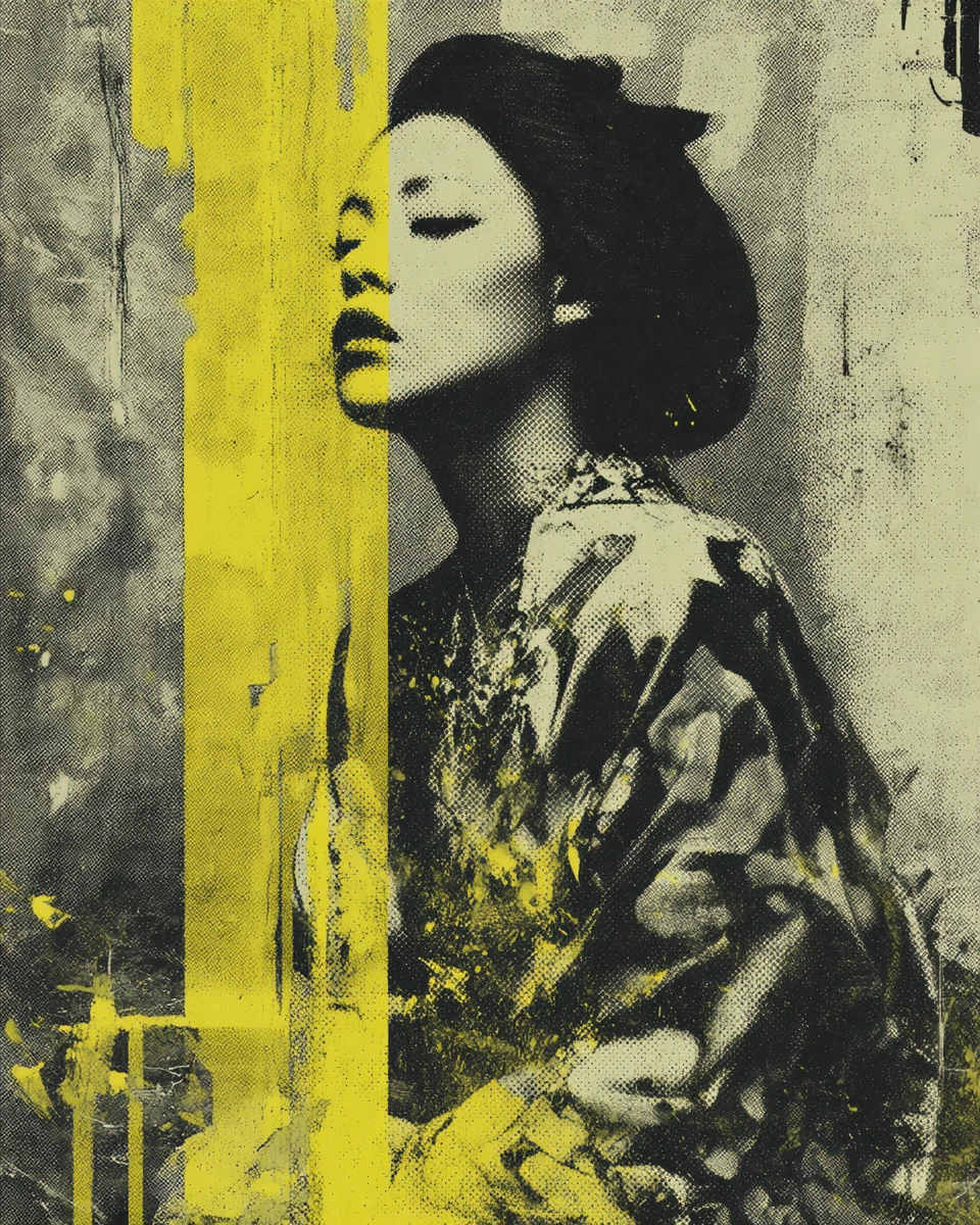 Portrait Gritty de Geisha en Sérigraphie sur Mur en Béton