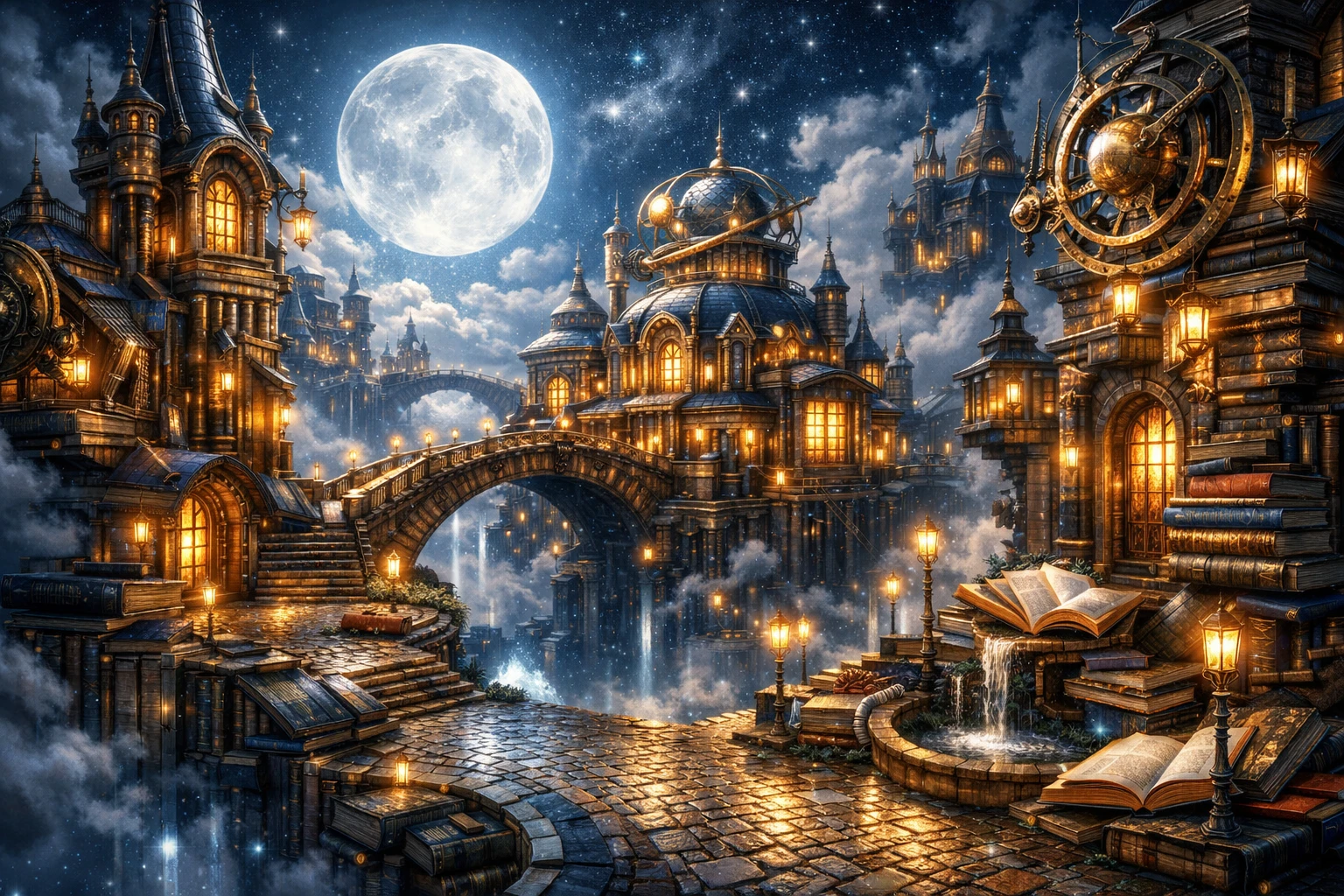 Ciudad flotante de libros bajo un cielo de fantasía iluminado por una luna romántica