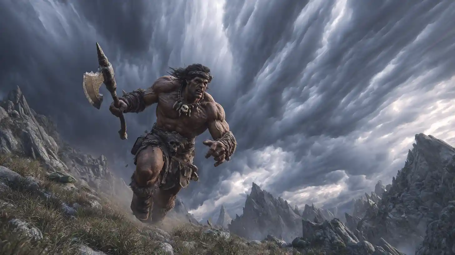 Muscular barbarian warrior charging with axe in stormy mountains