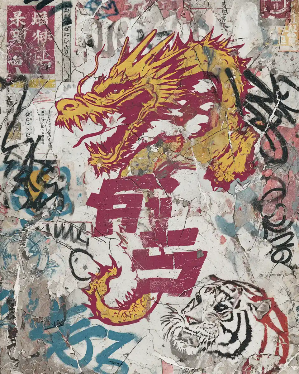 Retro city poster with dragon tiger and graffiti collage