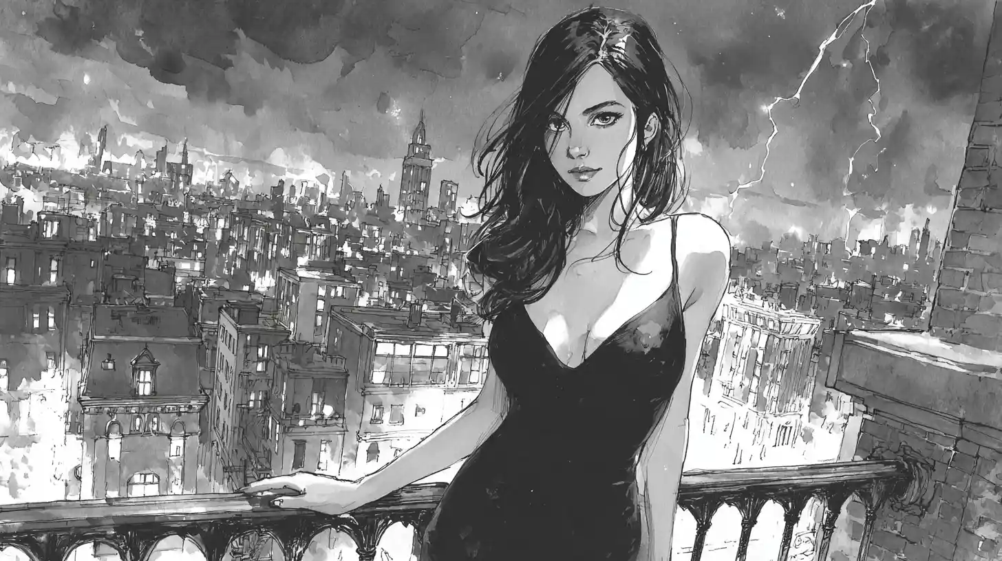 Elegant woman on rooftop before a stormy night skyline