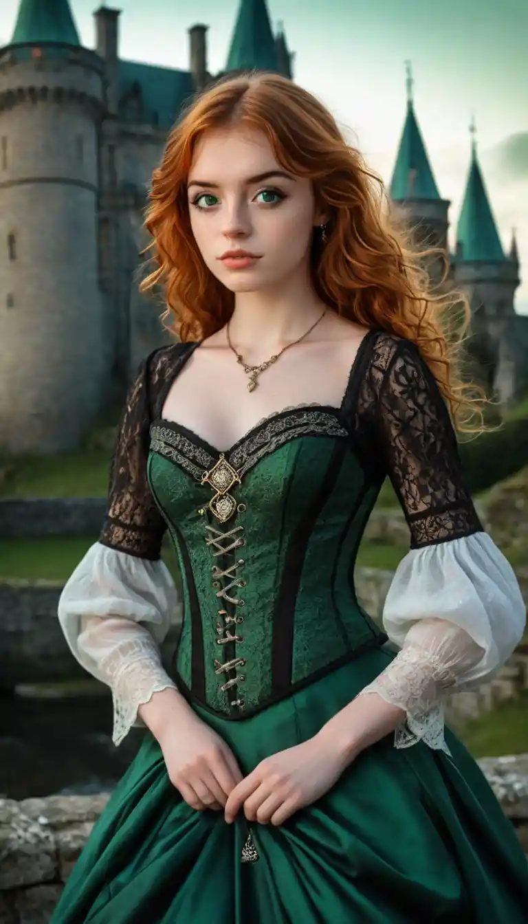 Chica pelirroja de fantasía ante un castillo al crepúsculo
