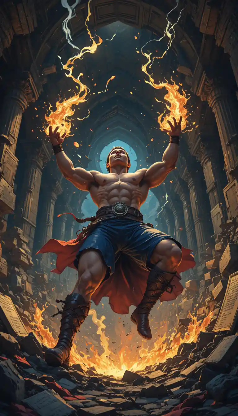 Flamethrower warrior in a digital cemetery battle scene