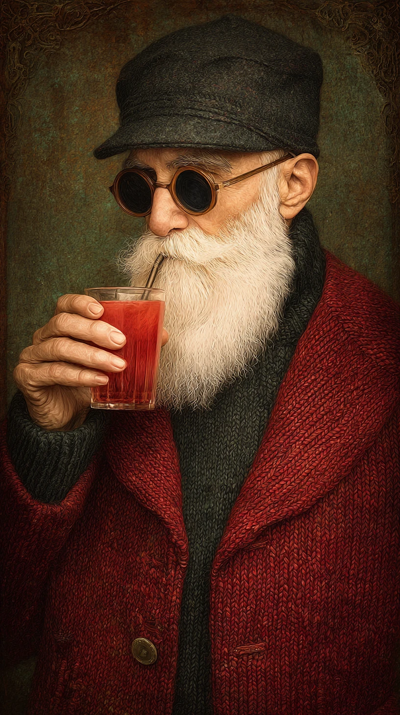 Elegant elderly man savoring a knitted winter vodka cocktail