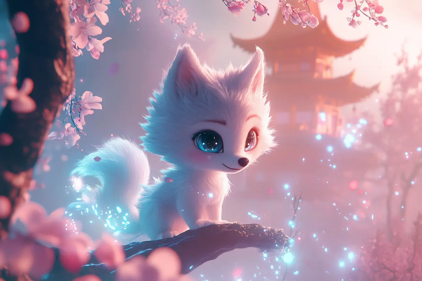 Chibi wolf on glowing cherry blossom branch with stardust
