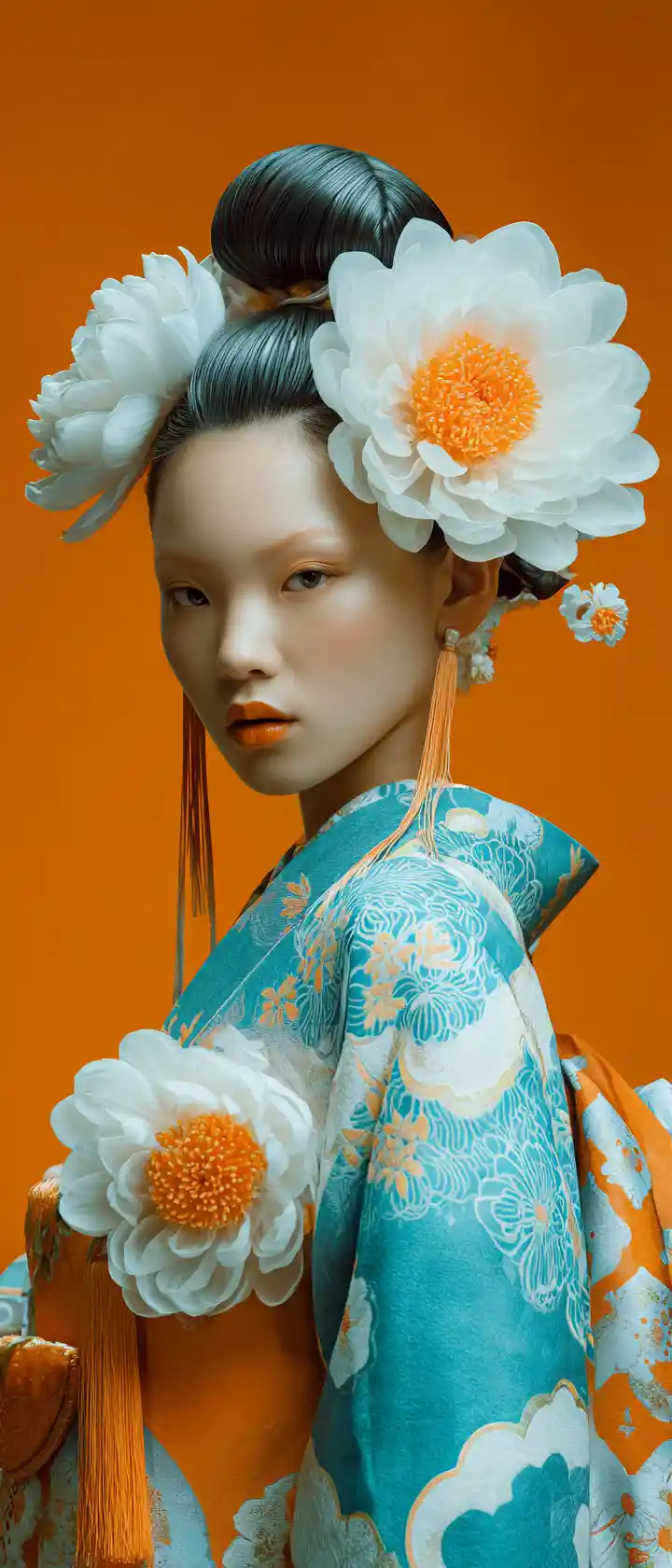 鮮豔橘色背景前的華麗花卉和服女子